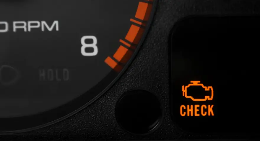 Pomarańczowa kontrolka "check engine" świeci się na desce rozdzielczej Audi A3 8P, sygnalizując problem z silnikiem.
