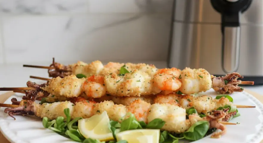 Spiedini di gamberi e calamari impanati, cotti alla perfezione nella friggitrice ad aria, serviti su un letto di insalata con spicchi di limone.