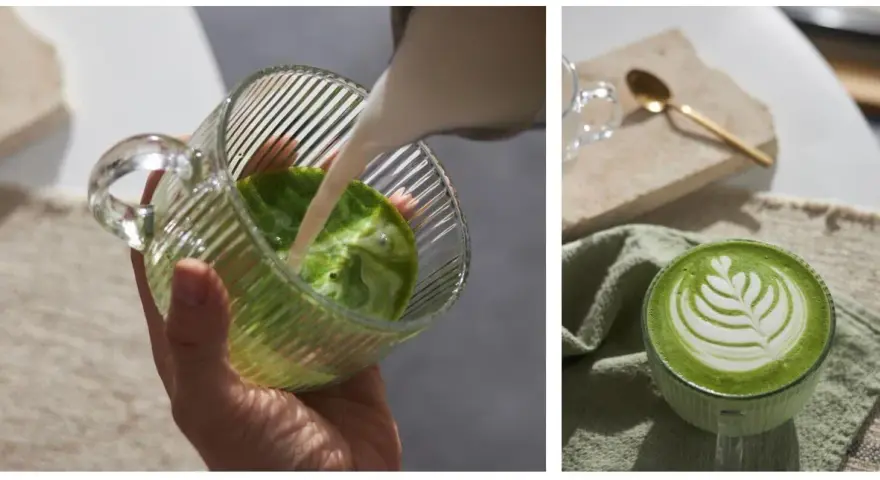 Dwa ujęcia matcha latte: nalewanie mleka do zielonego napoju i gotowy napój z pianką.