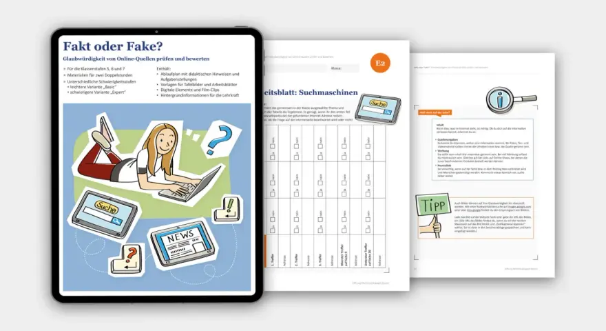 Illustration einer jungen Frau, die auf einem Laptop tippt, umgeben von Icons wie Lupe, Fragezeichen und Nachrichten.