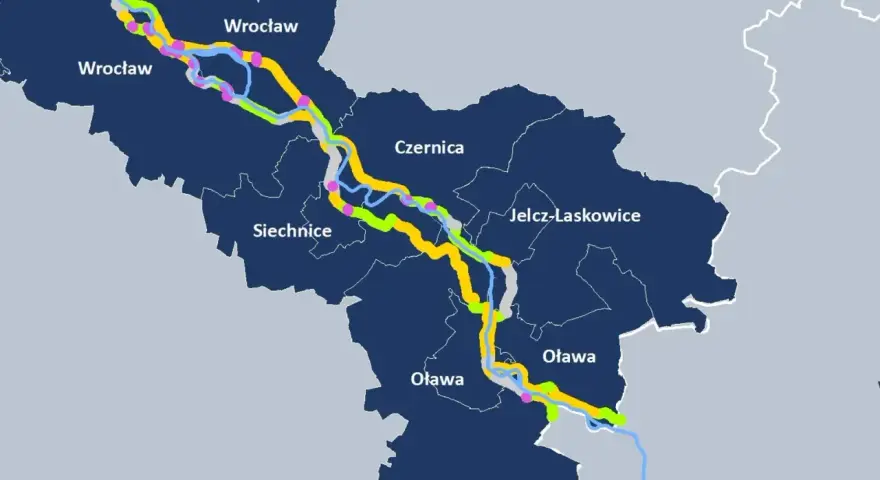 Mapa z zaznaczonymi trasami rowerowymi, w tym niebieski velo, biegnącymi przez Wrocław, Czernicę, Siechnice, Jelcz-Laskowice i Oławę.