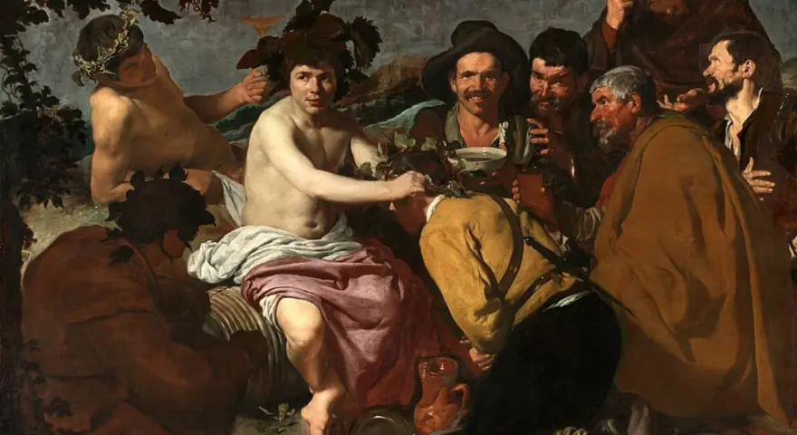 Un grupo de hombres celebra con vino, una escena típica de las pinturas del barroco. Un joven coronado de hojas parece ser el centro de atención.
