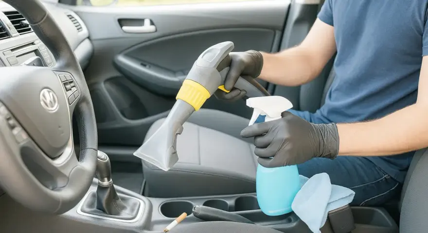Czyszczenie wnętrza auta, by jak pozbyć się zapachu papierosów. Użycie odkurzacza piorącego i sprayu.