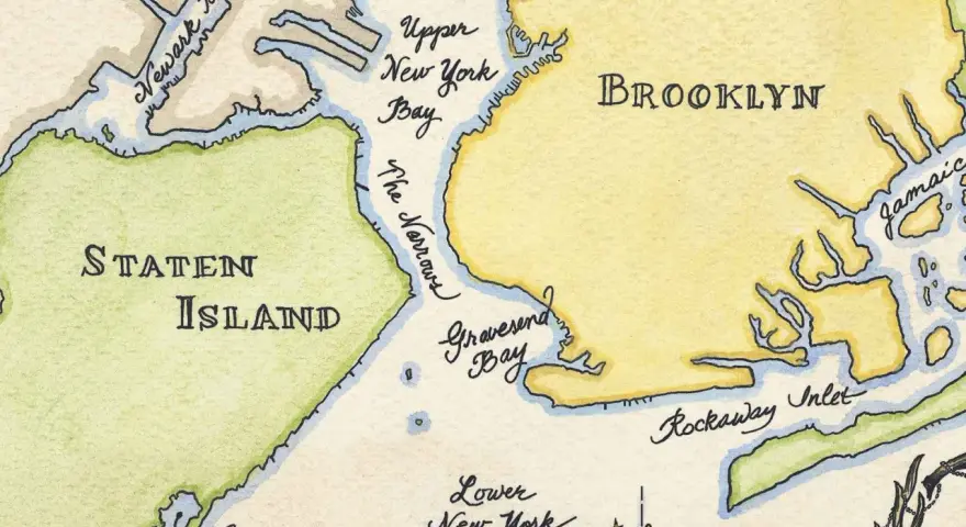 Mapa pokazuje, gdzie jest Nowy Jork: Staten Island, Brooklyn, Newark Bay i Upper New York Bay.