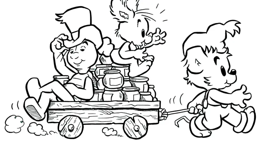 A cartoon bear pulls a wagon filled with honey jars, with a rabbit and a boy riding in it.