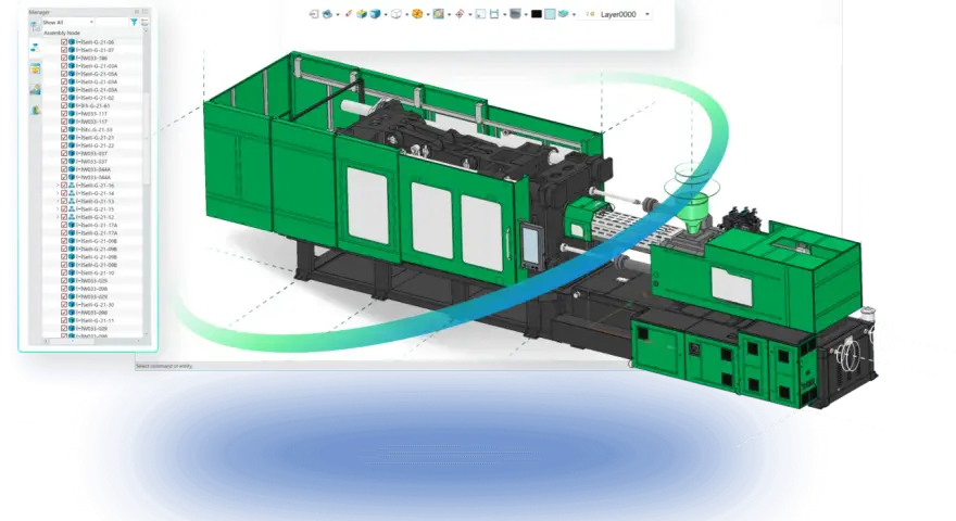 Projektowanie wtryskarki z wykorzystaniem narzędzi CAD/CAM/CAE. Widok modelu 3D z drzewem części.