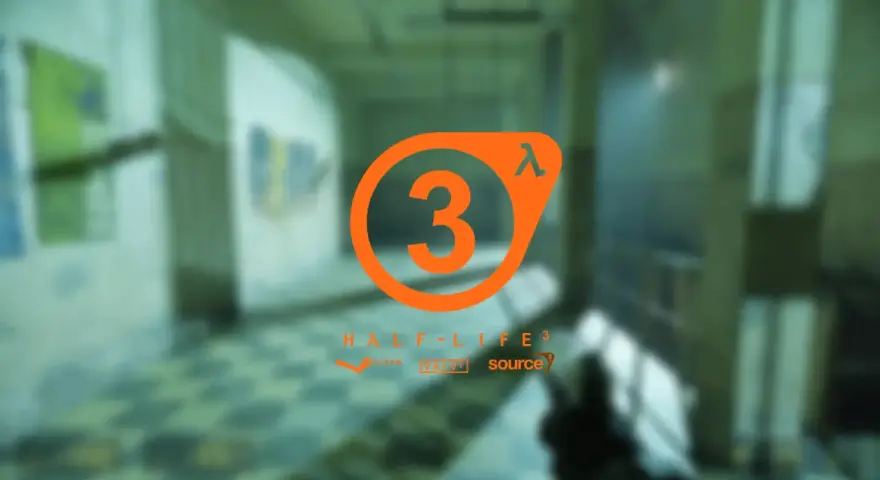 El logo de Half-Life 3, con el número 3 en naranja dentro del símbolo Lambda, sobre un fondo borroso de un pasillo.