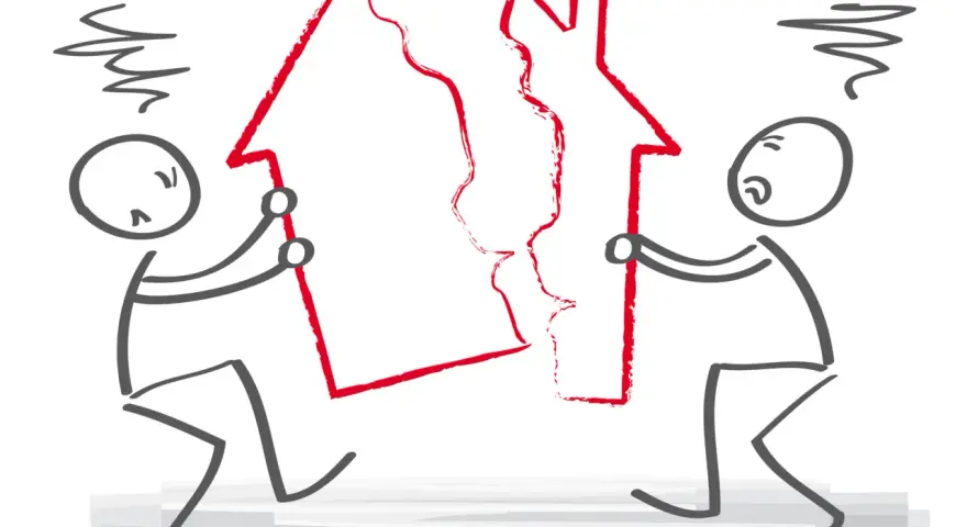 Deux personnages tentent de séparer une maison rouge, symbolisant les inconvénients d'une communauté universelle divisée.