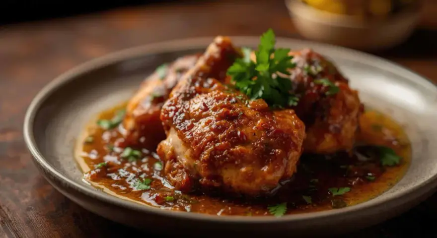Pollo en salsa de la abuela Carmen, jugoso y cubierto de una rica salsa, servido en un plato con perejil fresco.