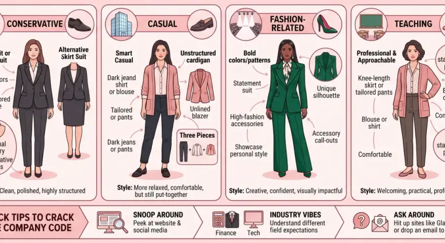 Guide pour savoir comment s'habiller pour un entretien : tenues conservatrices, décontractées, mode ou professionnelles.