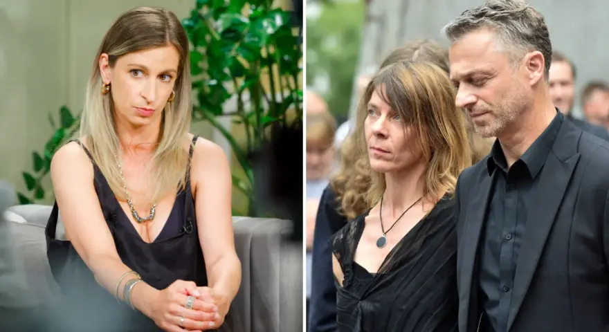 Dominika Laskowska w czarnej sukience i mężczyzna w garniturze, oboje zamyśleni.