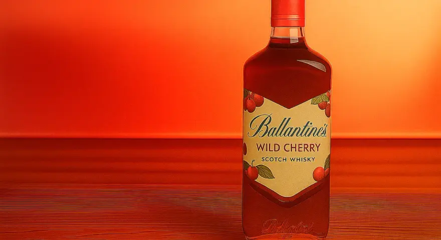 Butelka Ballantines Wild Cherry Scotch Whisky. Idealna do picia solo lub z lodem.