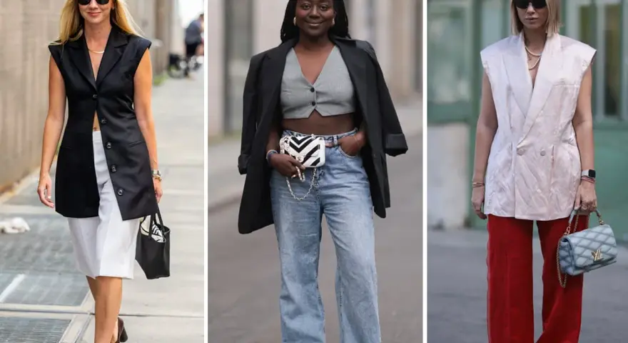 Moda: cosa mettere sotto gilet donna. Tre look con gilet eleganti: uno nero con pantaloni bianchi, uno grigio con jeans, uno rosa con pantaloni rossi.