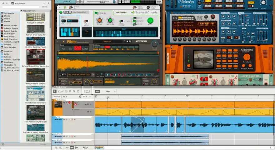 Program Reason, tworzący muzykę, z widocznymi instrumentami, samplerem i sekwencerem. Powód daw.