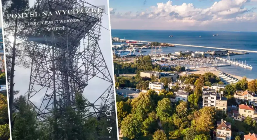 Metalowa konstrukcja przypominająca wieżę widokową, z której rozpościera się panorama Gdyni z portem i morzem.