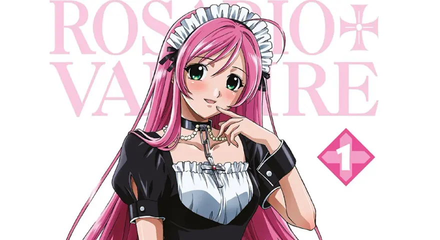 Manga-Charakter mit langen rosa Haaren, in einem Dienstmädchen-Outfit, mit einem Kreuz-Anhänger.