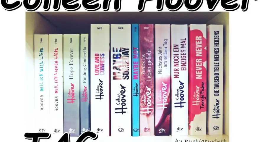 Reihe von Colleen Hoover Büchern auf einem Regal, mit Titeln wie "Never Never" und "Maybe Someday".