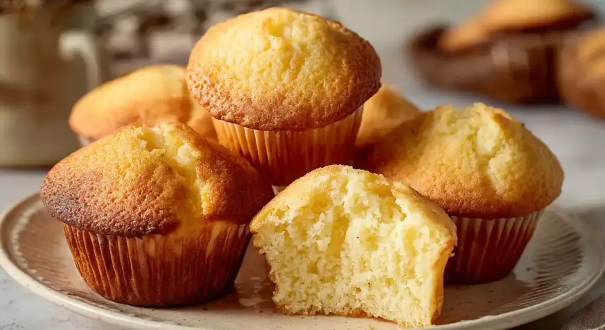 En tallrik med fluffiga muffins, perfekt för ett enkelt muffins recept. En muffin är delad och visar en mjuk insida.