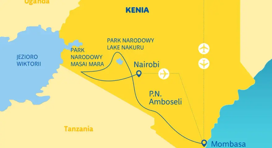 Mapa turystyczna Kenii z zaznaczonymi parkami narodowymi (Masai Mara, Lake Nakuru, Amboseli), Nairobi, Mombasą i Jeziorem Wiktorii.