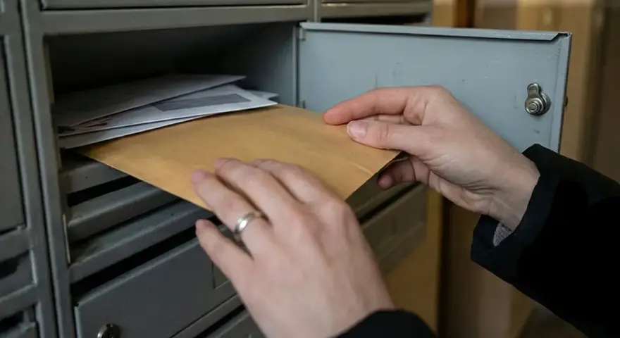 Ręce wyjmują kopertę z brązowego papieru ze skrzynki pocztowej, co może symbolizować nieodebranie nakazu zapłaty przez pozwanego.