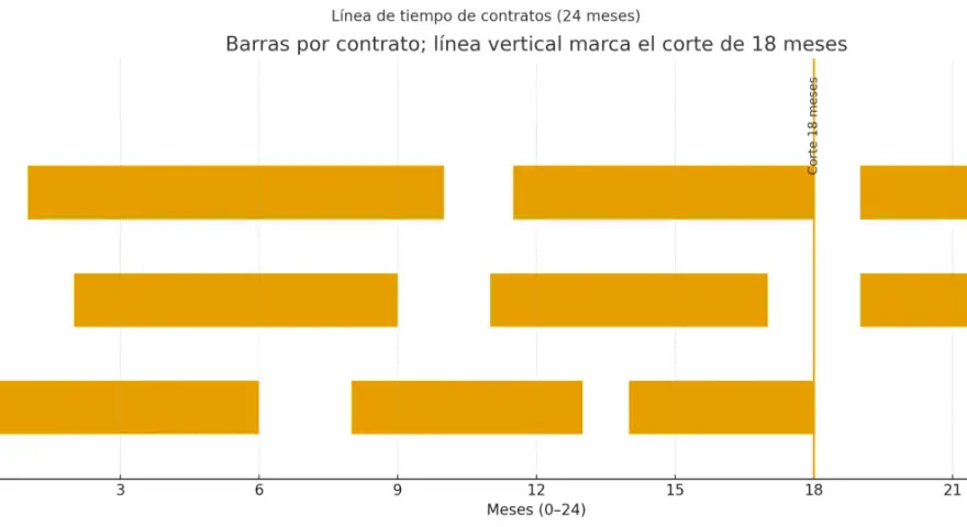 Gráfico de barras que muestra la concatenación de contratos de tres personas a lo largo de 24 meses. Una línea vertical marca el corte de 18 meses.