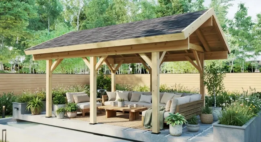 Ett modernt gazebo svenska med bekväm soffgrupp och soffbord, omgivet av grönska och en liten vattenfunktion.