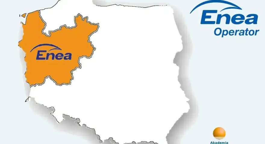 Mapa Polski z zaznaczonym obszarem działania Enea Operator. Informacja o opłacie mocowej.