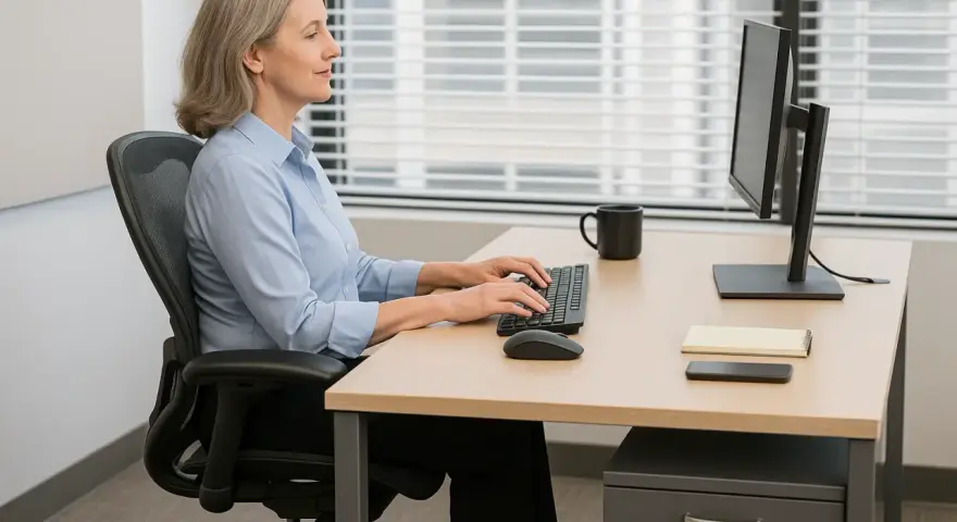 Kvinna arbetar vid datorn i en ergonomisk kontorsmiljö.