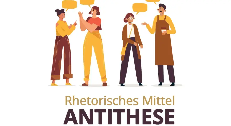 Vier Personen im Gespräch, die das rhetorische Stilmittel Antithese veranschaulichen.