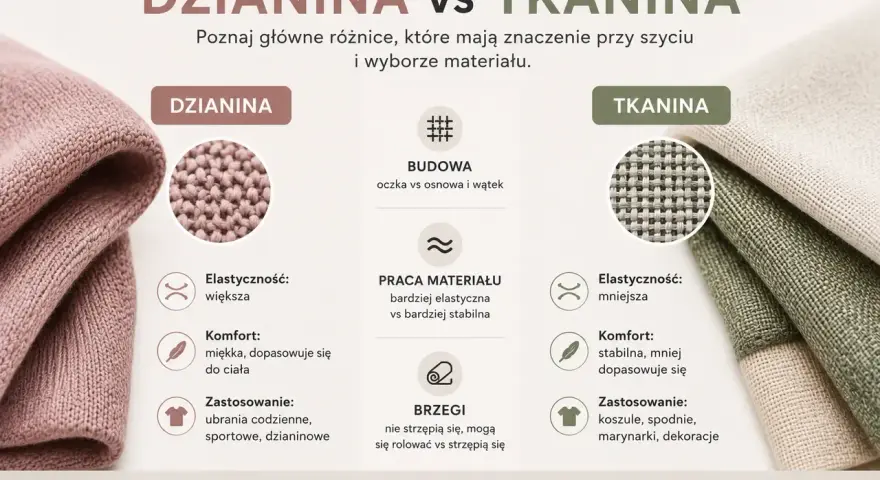 Dzianina vs tkanina: porównanie cech, budowy i zastosowań. Dzianina jest elastyczna, miękka i dopasowuje się do ciała.