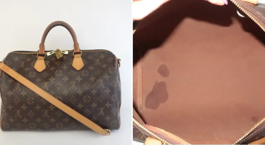 Borsa Louis Vuitton monogram con tracolla e lucchetto. Interno in tela marrone con macchie.