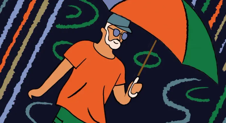 Ein Mann mit Bart und Brille geht unter einem bunten Regenschirm. Die Streifen im Hintergrund könnten für seine **Enttäuschung** stehen, die ihn trotz Sonnenschirms nicht trocken hält.
