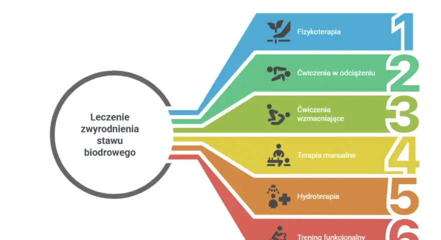 Metody leczenia zwyrodnienia stawu biodrowego: fizykoterapia, ćwiczenia w odciążeniu i wzmacniające, terapia manualna, hydroterapia, trening funkcjonalny.