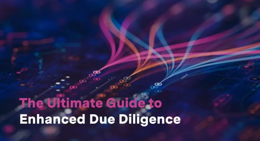 The Ultimate Guide to Enhanced Due Diligence, visualized with flowing data streams on a digital circuit board.
