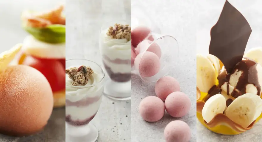 Une quenelle de glace rose pâle, des verrines de yaourt et granola, des boules roses et un dessert banane chocolat.