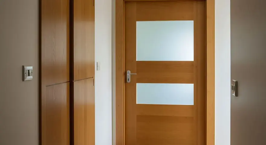 Jak przerobić stare drzwi z szybą na nowoczesne? Drewniane drzwi z dwoma matowymi przeszkleniami i minimalistycznym uchwytem.