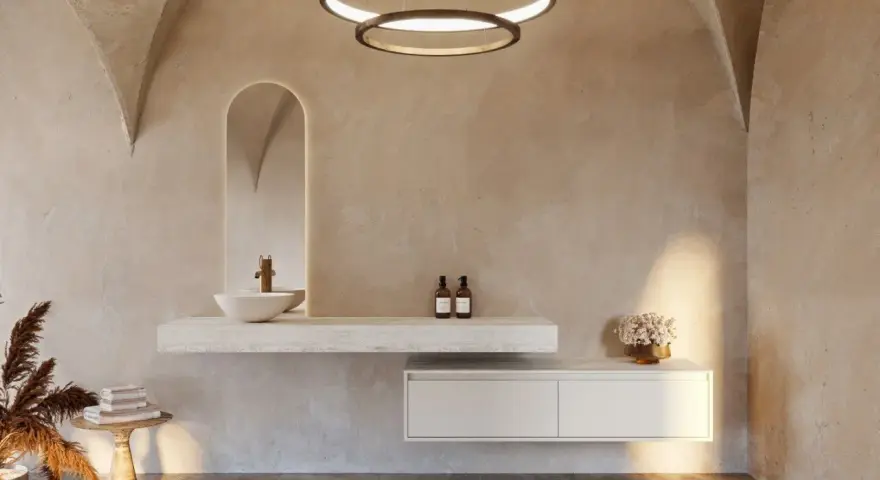 Une salle de bain nature aux murs texturés, avec un lavabo suspendu, un miroir arqué rétroéclairé et des touches végétales.