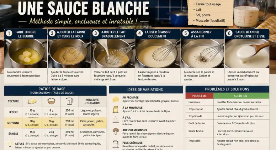 Étapes pour faire une sauce blanche onctueuse : faire fondre le beurre, ajouter la farine, puis le lait. Assaisonner à la fin.