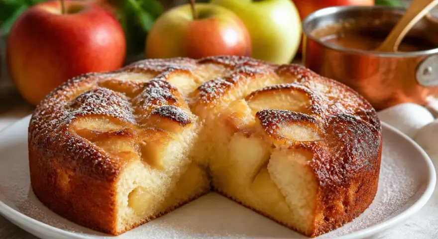 Un délicieux gâteau aux pommes, saupoudré de sucre glace, avec des pommes fraîches en arrière-plan.