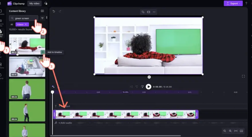 Interfaccia di editing video con ricerca "green screen cinema". Clip aggiunta alla timeline.