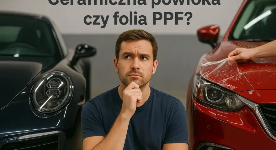 Mężczyzna zastanawia się nad ochroną karoserii: ceramiczna powłoka czy folia PPF? Obok niego stoją dwa auta.
