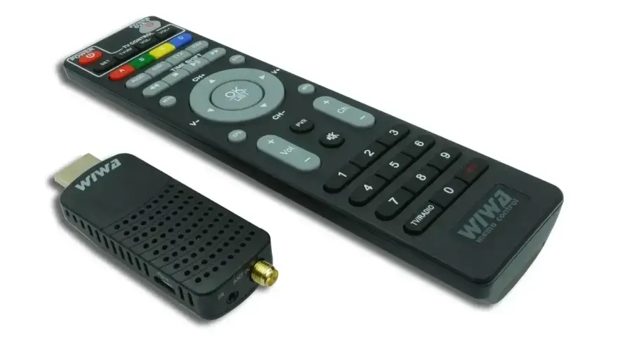 Odbiornik DVB-T i pilot marki Wiwa, umożliwiające odbiór telewizji naziemnej bez anteny.