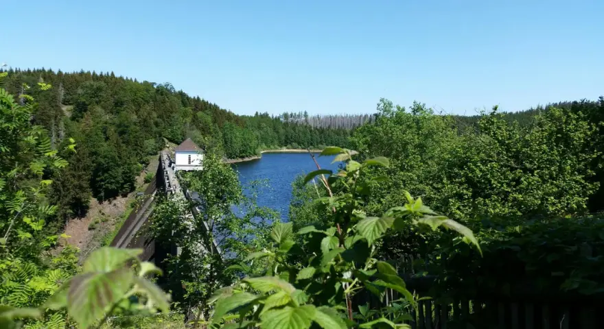 Idyllische Badeseen in Sachsen-Anhalt: Ein Stausee mit Damm und kleinem Haus, umgeben von grünen Wäldern unter blauem Himmel.