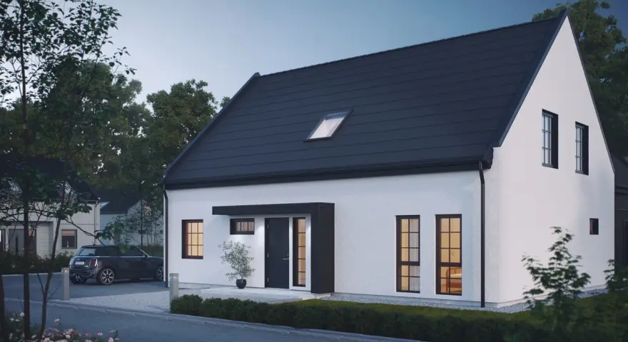 Modern vit villa med mörkt tak, perfekt inspiration framsida hus. En bil parkerad på uppfarten.