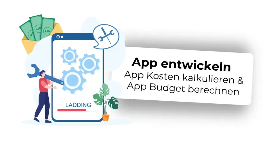 Ein Mann mit Werkzeug vor einem Smartphone-Bildschirm, der Zahnräder und eine Ladeanzeige zeigt. Geld im Umschlag. Ein web app beispiel für App-Entwicklungskosten.