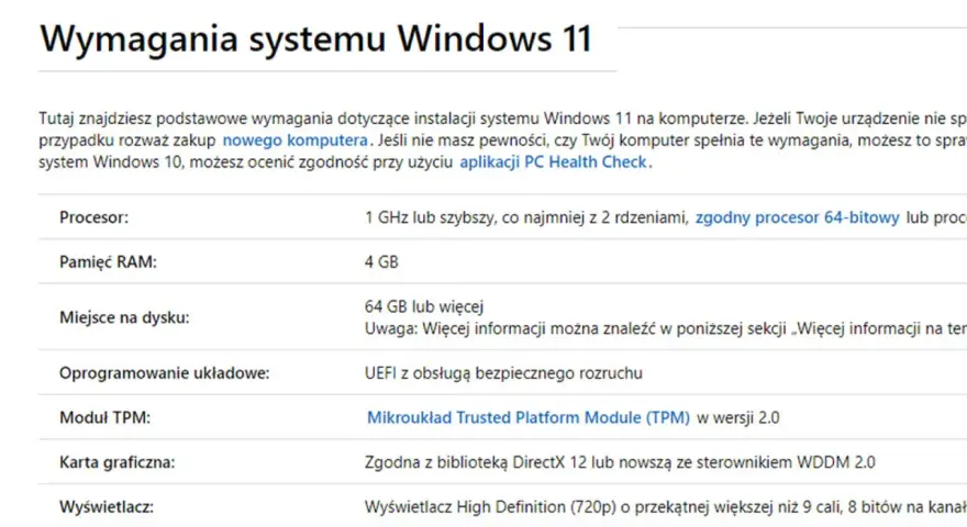 Tabela z wymaganiami systemu Windows 11: procesor 1 GHz, 4 GB RAM, 64 GB miejsca na dysku, UEFI, TPM 2.0, DirectX 12.