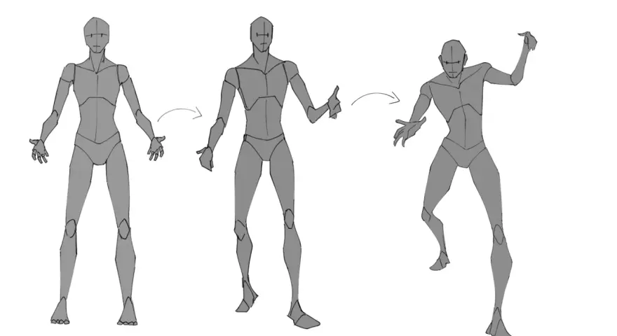 Figuras grises muestran poses para dibujar, evolucionando de una pose estática a una dinámica.