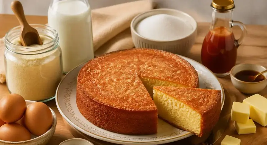 Un délicieux gâteau de semoule, doré et moelleux, entouré d'ingrédients frais : œufs, lait, sucre, beurre et une touche de sirop.