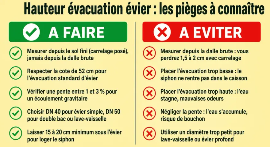 Conseils pour la hauteur d'évacuation d'évier : à faire et à éviter. Mesurer depuis le sol fini, respecter 52 cm, vérifier la pente. Éviter une évacuation trop basse ou trop haute.