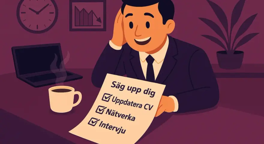 Man med checklista för att byta jobb: uppdatera CV, nätverka, intervju. Kaffe och laptop på skrivbordet.